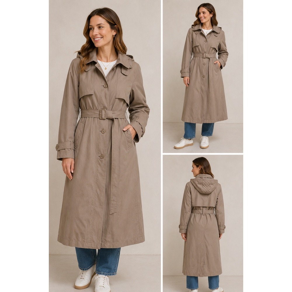 London Fog Womens 12 Reg Taupe Trench Coat Belted Detachable Hood Vintage